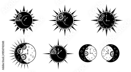 Intricate steampunk sun and moon clock designs featuring gears and celestial motifs, perfect for unique branding and artistic projects