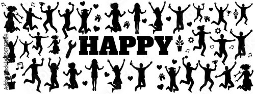 happy people jumping group silhouettes with happy text for celebration and joy