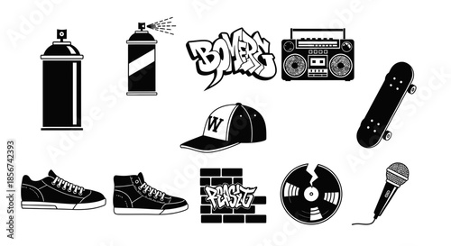 Dynamic hip hop culture icons featuring spray cans, boombox, skateboard, sneakers, graffiti, vinyl record, and microphone for urban lifestyle designs