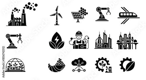 Modern industry icons depicting renewable energy, smart cities, automation, and sustainable agriculture for innovative projects