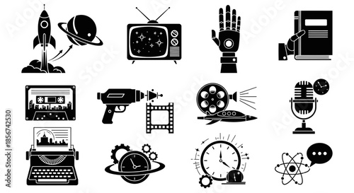 Dynamic collection of retro and futuristic icons representing innovation, entertainment, and knowledge, perfect for creative projects.
