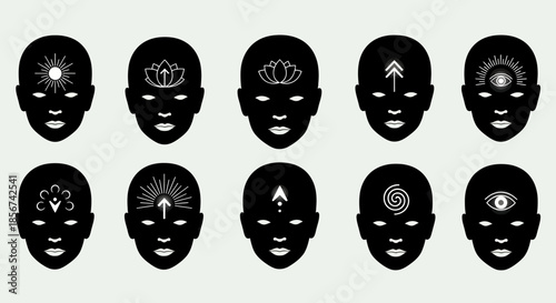 Explore inner wisdom with diverse spiritual symbols adorning serene silhouettes representing enlightenment, intuition, and mindfulness