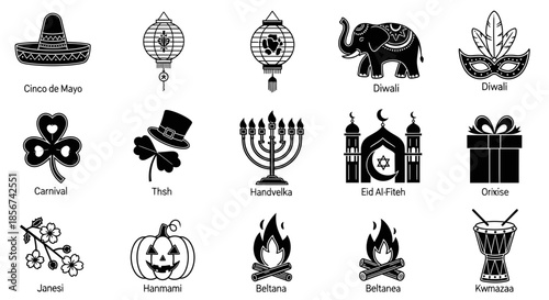Celebrate global traditions and holidays with vibrant icons representing diverse cultural festivities and celebrations worldwide, perfect for design projects.