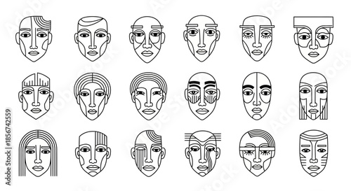 Diverse modern abstract faces collection, minimalist line art portraits showcasing unique contemporary styles and features for creative projects.