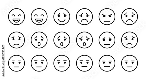 Diverse collection of simple outline emoji faces expressing a range of emotions from joy to anger and surprise, perfect for digital communication and design projects.