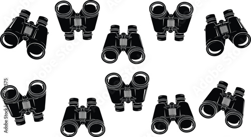 Vector Illustration Set of Black Binocular Silhouettes, Featuring Various Optical Zoom Devices, Field Glasses, and Hunting Equipment Outlines for Outdoor Adventure Design,