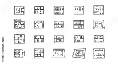 Modern architectural blueprints showcasing diverse floor plans and elevations for professional design projects and real estate development