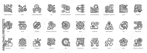 Management Consulting icon collection line style. containing Market Research, Profit, Business Management, Deal, Strategic Consulting, Infographic Elements, Crisis Management