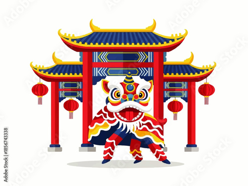 A vibrant Flat Design Ilustration Vector of a lion dancer in front of a traditional Chinese gate with lanterns, showcasing cultural performance.
