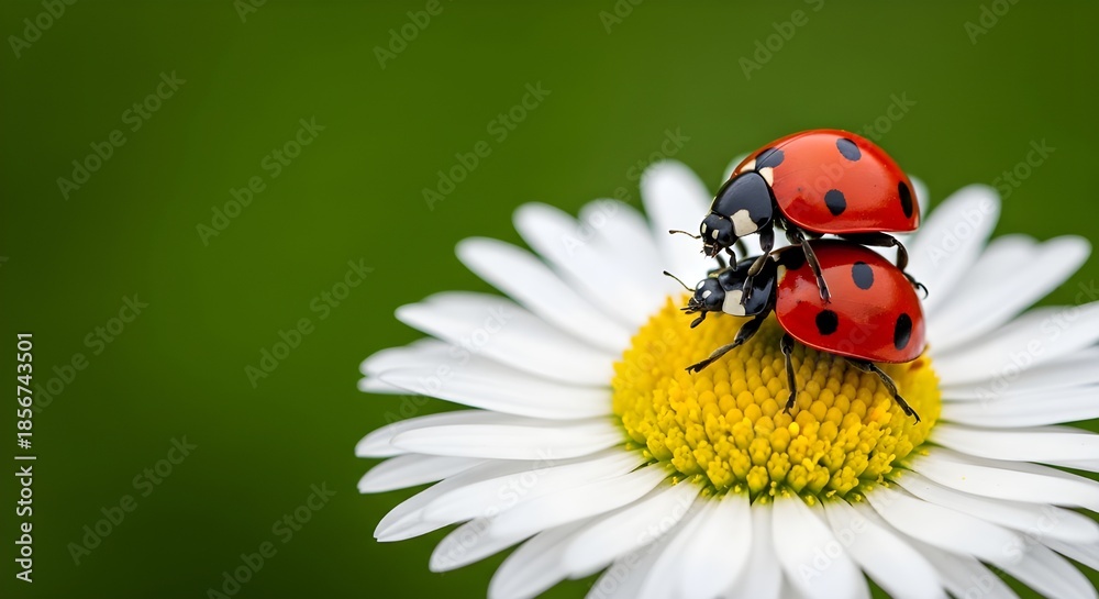 Fototapeta premium Two Ladybugs Mating on a White Daisy Flower