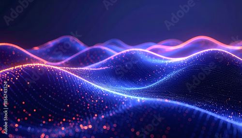 Glowing dots forming a wave pattern, with a dark indigo background and abstract digital design