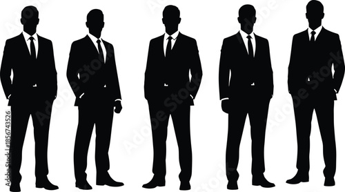 Vector Illustration Set of Black Businessman Silhouettes, Featuring Men in Formal Suits and Ties for Corporate, Leadership, and Professional Business Concepts,