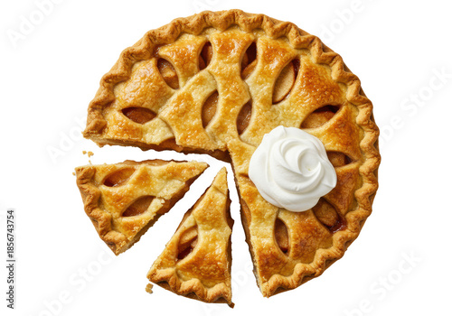 A freshly baked, golden-brown apple pie with a meticulously fluted crust, pre-sliced, revealing caramelized apple filling, topped with soft whipped cream, on white with copy space. Delicious autumn