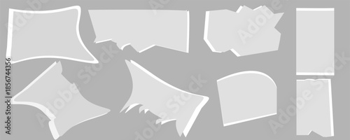 White realistic torn or ripped paper strip collection with grunge edges. Torn notebook page or scrap note with damaged border. Sticky newspaper clip art with paint brush stroke texture.