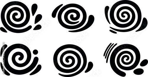 Abstract spiral swirl design vector set with black artistic brushstroke elements for creative projects and decoration