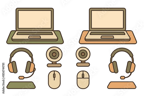 Two computer setups with laptops, headphones, webcams, and mice
