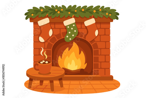 Cozy Christmas fireplace scene with hot chocolate