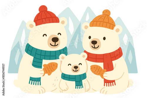 Happy Family of Polar Bears with Fish in Winter