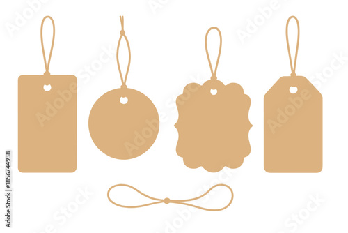 Four blank kraft paper tags with strings on a gradient background