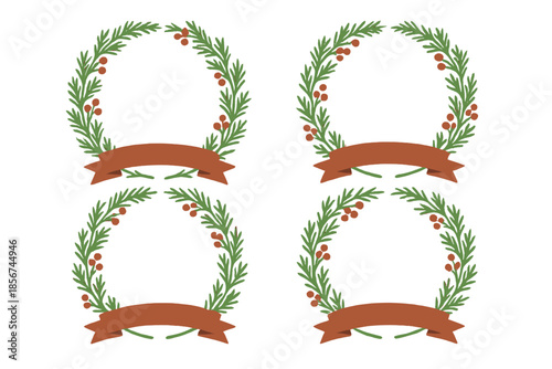 Four festive wreaths with ribbons on a gradient background