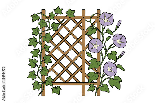 Morning Glories and Ivy on a Wooden Trellis