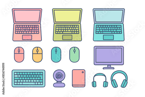 Computer hardware icons with neon glow effect