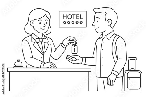 Hotel reception check-in with key handover