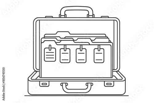 Open briefcase filled with organized files and labels