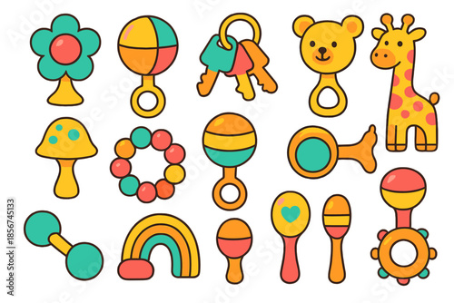 Collection of Cute Baby Toys and Rattles on a Brown Gradient Background