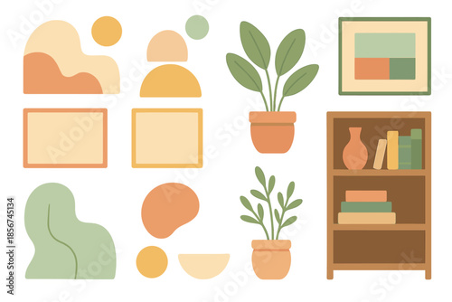 Abstract Interior Scene with Plants and Bookshelf