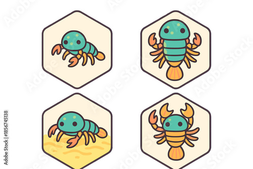 Cute Cartoon Crustaceans on Hexagonal Tiles