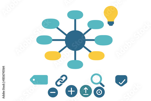 Mind map with glowing idea bulb and icons