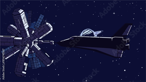 Futuristic space station design with starfield background, depicting exploration and interstellar travel