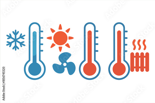 Temperature control icons with thermometers, snowflake, sun, fan, and radiator
