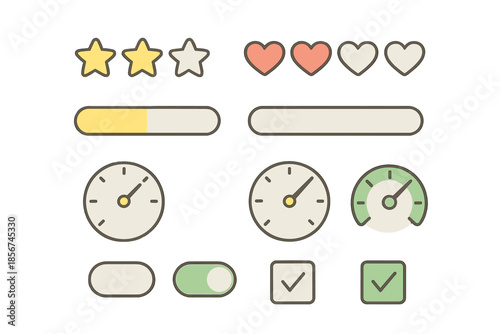 UI elements set with stars, hearts, progress bars, gauges, and toggles