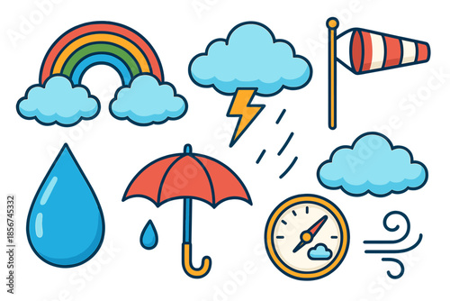 Weather Icons with Rainbow, Rain, Lightning, Umbrella, Windsock, Compass and Wind