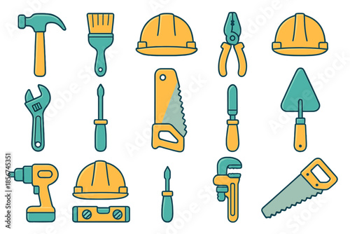 Construction Tools and Safety Gear Icon Set