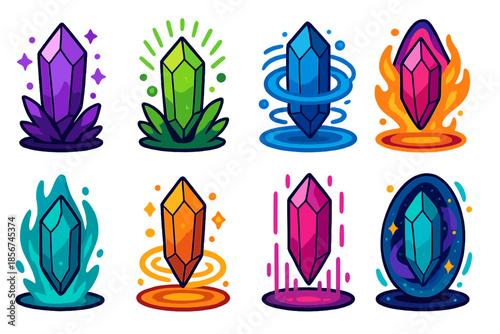 Set of magical glowing crystals with different colors and effects
