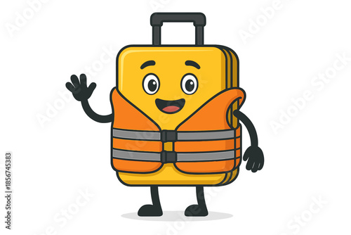 Cartoon suitcase character wearing a life vest and waving