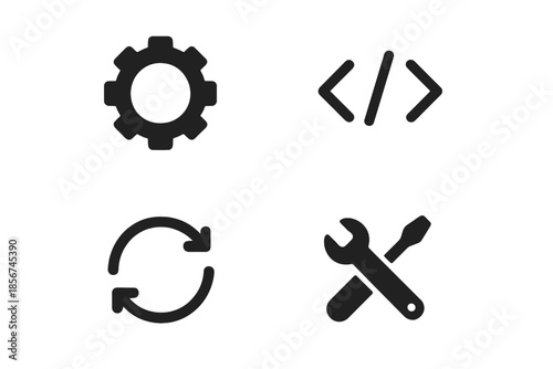 Four dark icons representing settings, coding, refresh, and tools