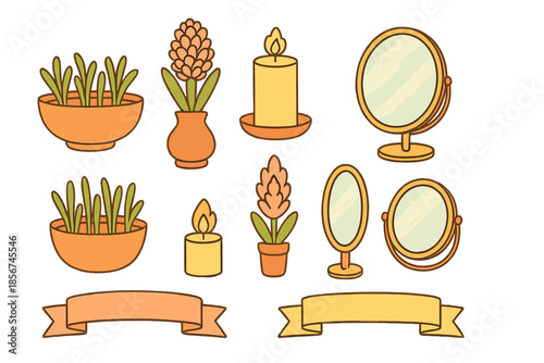 Cute kawaii spring decor elements on gradient background