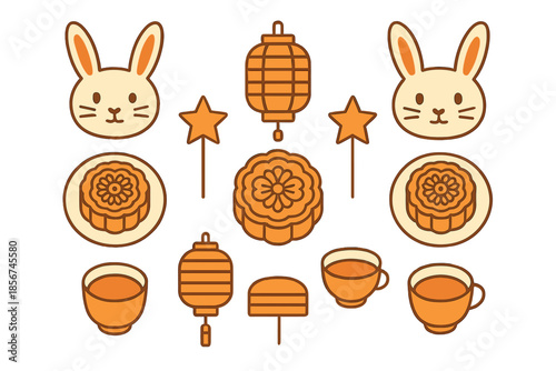 Cute Mid-Autumn Festival elements with rabbits and mooncakes