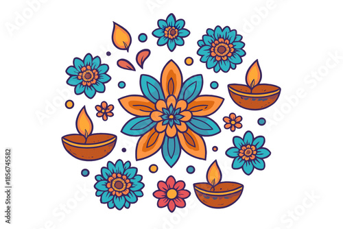 Diwali floral pattern with oil lamps