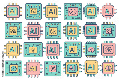 AI Chip Icons with Brain and Network Graphics