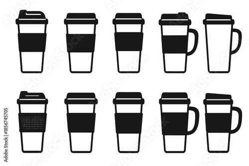 Collection of coffee cups with black lids and sleeves