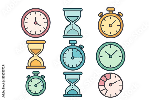 Collection of timekeeping icons with a colorful gradient background