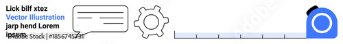 Communication, technology workflows, process automation, system design, business planning, education visuals. Speech bubble, gear and ruler clearly. Communication and technology workflows ideas