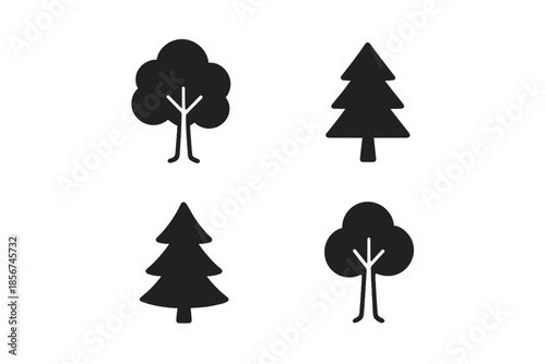 Four stylized dark gray tree icons on a dark gray background