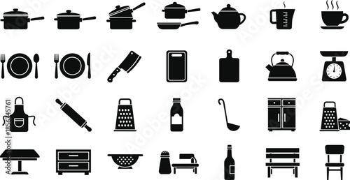Kitchen tools and cookware silhouette icon set featuring cooking utensils, appliances, tableware, and furniture for culinary design concepts