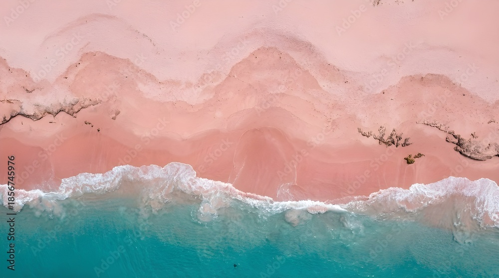 Fototapeta premium Aerial view of a serene beach with waves and pink sand - Beautiful pink beach background
